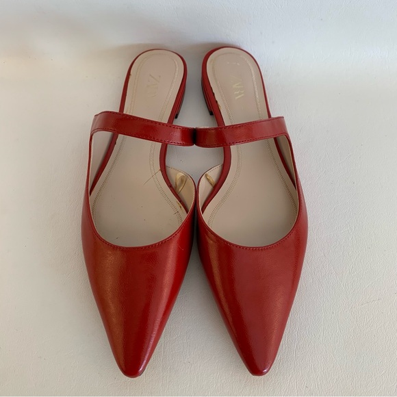 Zara Red Leather Pointed Toe Flats - Picture 2 of 7